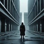 A vast, oppressive dystopian cityscape under a desaturated, cold blue-grey sky. Monolithic brutalist architecture with endless, symmetrical structures looms over narrow, grimy streets. A lone, small figure is dwarfed by the imposing environment, reflecting a sense of isolation and constant surveillance. Subtle, dim neon lights pierce the gloom, adding to the desolate atmosphere. Cinematic, wide shot, high detail, volumetric lighting.