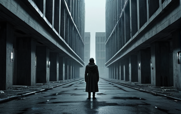 A vast, oppressive dystopian cityscape under a desaturated, cold blue-grey sky. Monolithic brutalist architecture with endless, symmetrical structures looms over narrow, grimy streets. A lone, small figure is dwarfed by the imposing environment, reflecting a sense of isolation and constant surveillance. Subtle, dim neon lights pierce the gloom, adding to the desolate atmosphere. Cinematic, wide shot, high detail, volumetric lighting.