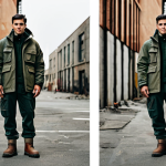 A lone urban explorer, fully clothed in a highly functional and durable outfit, stands amidst a weathered, industrial urban backdrop. They wear a multi-pocketed, oversized utility jacket made from a robust, water-resistant fabric with reinforced sections, layered over a thick, practical garment. Their pants are heavy-duty and subtly reinforced, paired with sturdy, high-top boots. The color palette consists of muted olive greens, dark greys, and earthy browns, with a single, small reflective patch on the jacket sleeve. The pose is natural and contemplative, conveying readiness and resilience in an uncertain world. safe for work, appropriate content, fully clothed, modest clothing, professional photography, perfect anatomy, correct proportions, natural pose, well-formed hands, proper finger count, natural body proportions, high quality.