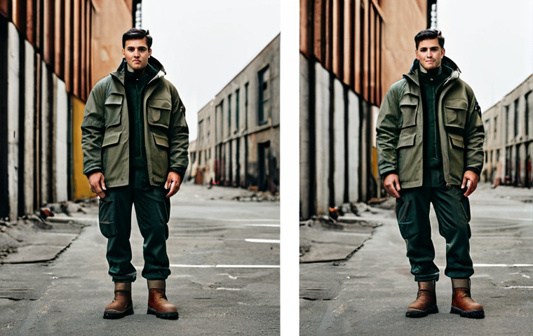 A lone urban explorer, fully clothed in a highly functional and durable outfit, stands amidst a weathered, industrial urban backdrop. They wear a multi-pocketed, oversized utility jacket made from a robust, water-resistant fabric with reinforced sections, layered over a thick, practical garment. Their pants are heavy-duty and subtly reinforced, paired with sturdy, high-top boots. The color palette consists of muted olive greens, dark greys, and earthy browns, with a single, small reflective patch on the jacket sleeve. The pose is natural and contemplative, conveying readiness and resilience in an uncertain world. safe for work, appropriate content, fully clothed, modest clothing, professional photography, perfect anatomy, correct proportions, natural pose, well-formed hands, proper finger count, natural body proportions, high quality.