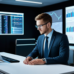 A focused professional in a modern, minimalist office environment, subtly illuminated by the cool glow of multiple data screens. The individual is dressed in a modest, professional business suit, deeply engaged with complex data visualizations. The office features sleek, clean lines and a sense of ordered efficiency. This image should convey a futuristic workspace with advanced digital interfaces. fully clothed, appropriate attire, safe for work, professional, perfect anatomy, correct proportions, natural pose, well-formed hands, proper finger count, natural body proportions, professional photography, high quality, digital art.