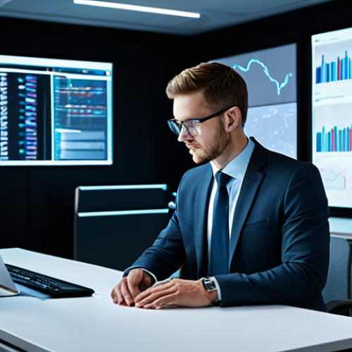 Home 20 A focused professional in a modern, minimalist office environment, subtly illuminated by the cool glow of multiple data screens. The individual is dressed in a modest, professional business suit, deeply engaged with complex data visualizations. The office features sleek, clean lines and a sense of ordered efficiency. This image should convey a futuristic workspace with advanced digital interfaces. fully clothed, appropriate attire, safe for work, professional, perfect anatomy, correct proportions, natural pose, well-formed hands, proper finger count, natural body proportions, professional photography, high quality, digital art.