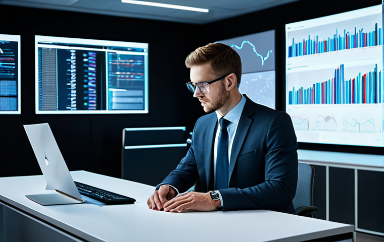 A focused professional in a modern, minimalist office environment, subtly illuminated by the cool glow of multiple data screens. The individual is dressed in a modest, professional business suit, deeply engaged with complex data visualizations. The office features sleek, clean lines and a sense of ordered efficiency. This image should convey a futuristic workspace with advanced digital interfaces. fully clothed, appropriate attire, safe for work, professional, perfect anatomy, correct proportions, natural pose, well-formed hands, proper finger count, natural body proportions, professional photography, high quality, digital art.