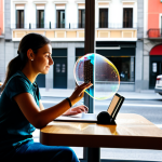 A contemporary Spanish person, fully clothed in modest, appropriate attire, seated at a table in a modern, sunlit cafe in Madrid. They are looking at a tablet, with subtle, transparent digital data streams and an iridescent 'filter bubble' effect visibly surrounding their personal space, symbolizing algorithmic influence and the constant tracking of digital activities. Through the large window, a typical, well-maintained Madrid city street with a few pedestrians is visible in the background, subtly contrasting with the digital focus of the subject. Perfect anatomy, correct proportions, natural pose, well-formed hands, proper finger count, natural body proportions, professional photography, high-quality, safe for work, appropriate content, family-friendly.