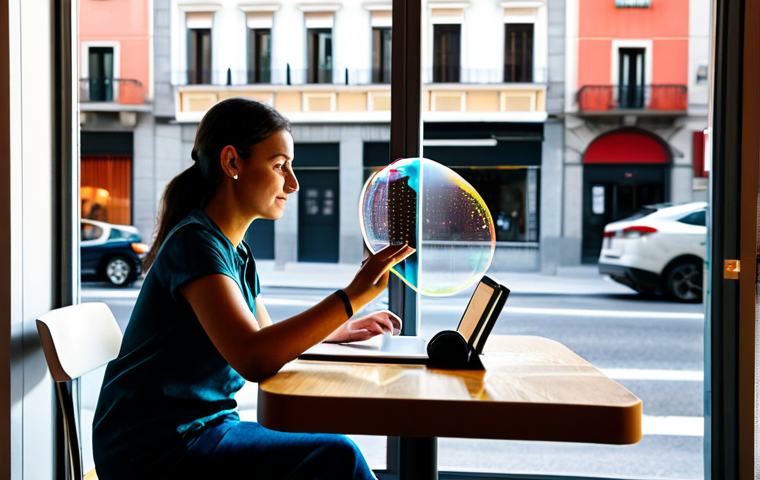 A contemporary Spanish person, fully clothed in modest, appropriate attire, seated at a table in a modern, sunlit cafe in Madrid. They are looking at a tablet, with subtle, transparent digital data streams and an iridescent 'filter bubble' effect visibly surrounding their personal space, symbolizing algorithmic influence and the constant tracking of digital activities. Through the large window, a typical, well-maintained Madrid city street with a few pedestrians is visible in the background, subtly contrasting with the digital focus of the subject. Perfect anatomy, correct proportions, natural pose, well-formed hands, proper finger count, natural body proportions, professional photography, high-quality, safe for work, appropriate content, family-friendly.