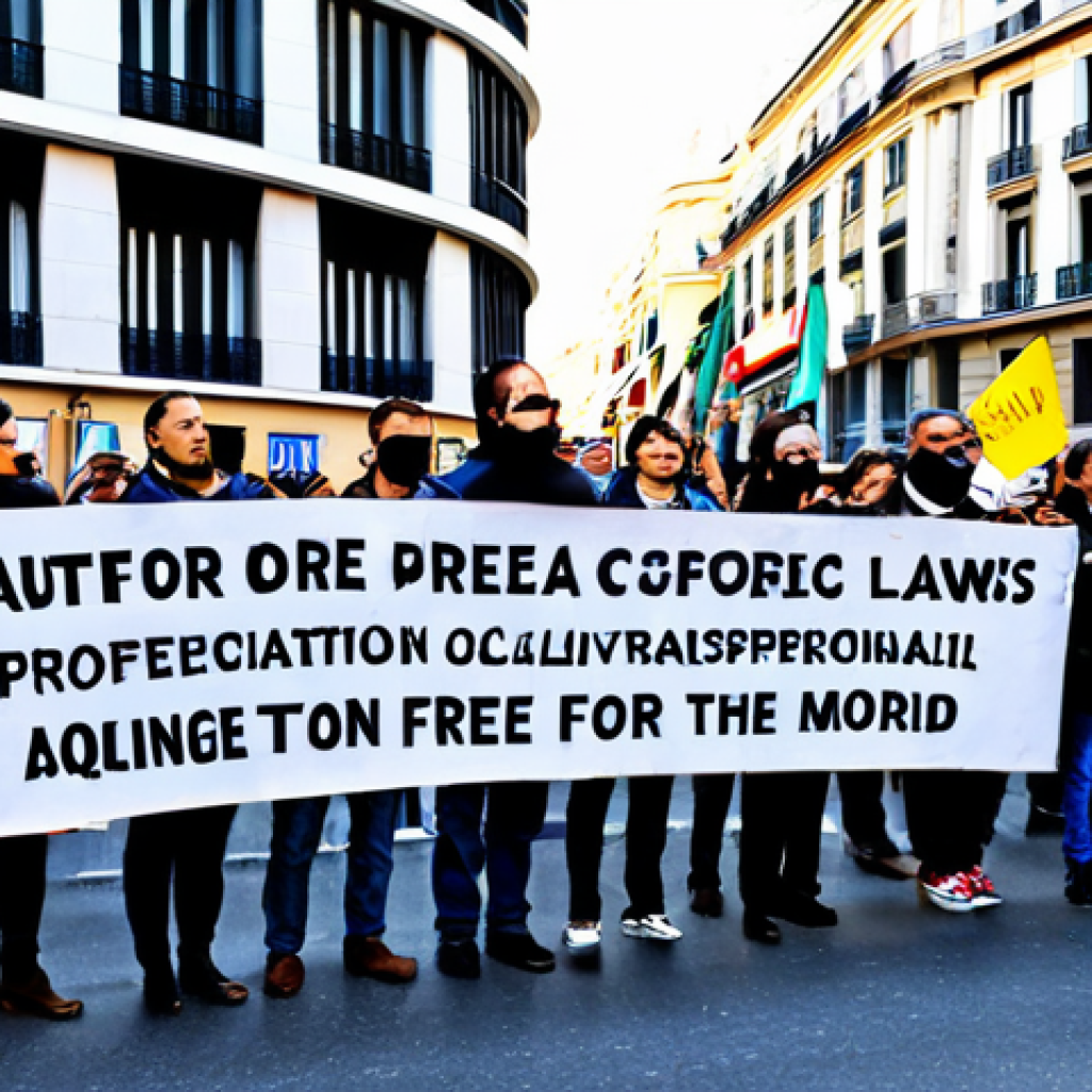 디스토피아적 사회의 교훈과 미래 지향적 접근 - Protecting Freedom**
"A diverse group of people participating in a peaceful protest in Madrid again...