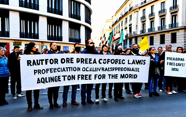 디스토피아적 사회의 교훈과 미래 지향적 접근 - Protecting Freedom**

"A diverse group of people participating in a peaceful protest in Madrid again...