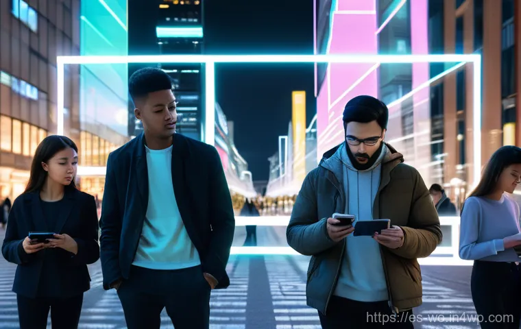 디스토피아 경고의 철학적 접근 - **Prompt:** A group of diverse people in a bustling, hyper-modern city square, all dressed in contem...