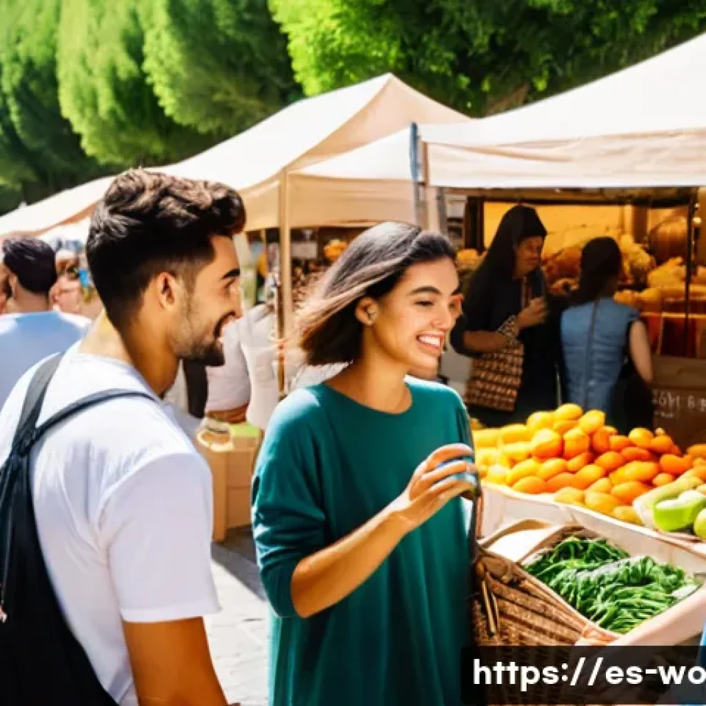 디스토피아적 사회의 소비 문화 비판 - A diverse group of young adults in a vibrant urban market in Spain, engaging in sustainable shopping...