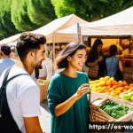 디스토피아적 사회의 소비 문화 비판 - A diverse group of young adults in a vibrant urban market in Spain, engaging in sustainable shopping...