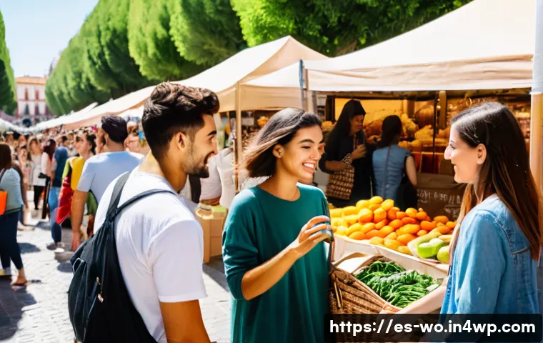 디스토피아적 사회의 소비 문화 비판 - A diverse group of young adults in a vibrant urban market in Spain, engaging in sustainable shopping...