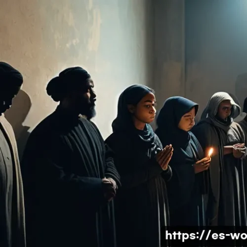 디스토피아적 사회에서의 종교의 역할 - A dimly lit clandestine gathering in a small, hidden room where diverse individuals of various ages ...