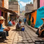 디스토피아적 사회의 경제 시스템 분석 - A dystopian urban market scene in a Latin American city featuring informal vendors wearing modest cl...