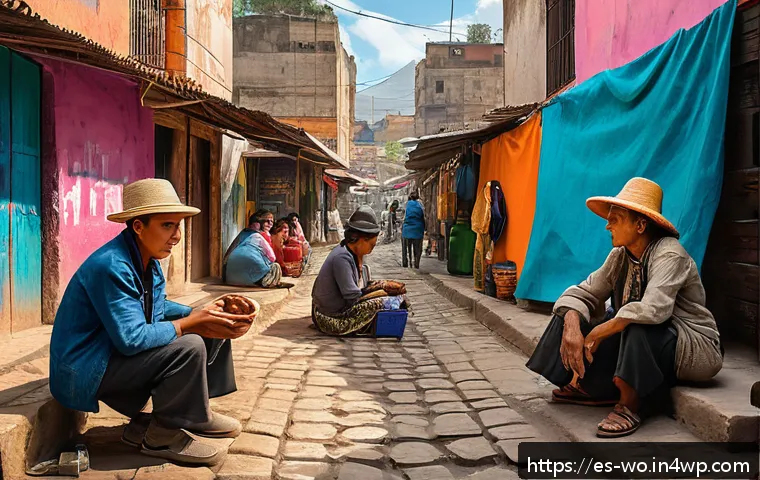 디스토피아적 사회의 경제 시스템 분석 - A dystopian urban market scene in a Latin American city featuring informal vendors wearing modest cl...