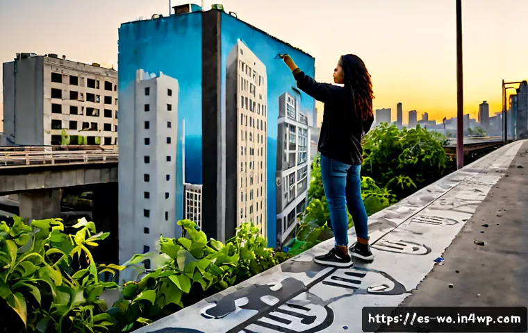 디스토피아적 미래에 대한 예술가의 시각 - Photorealistic scene of a Latin American street artist painting a vast dystopian cityscape mural on ...