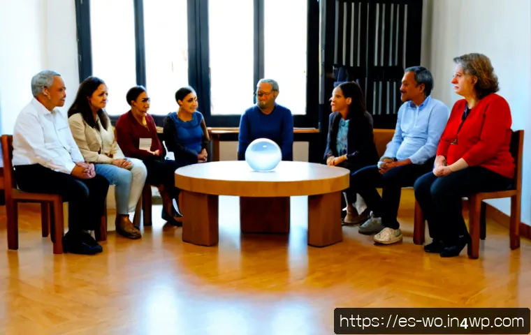 디스토피아적 윤리 문제의 해결 방안 - Photorealistic civic ethics forum in a modern Spanish city community hall, diverse adults and a wise...
